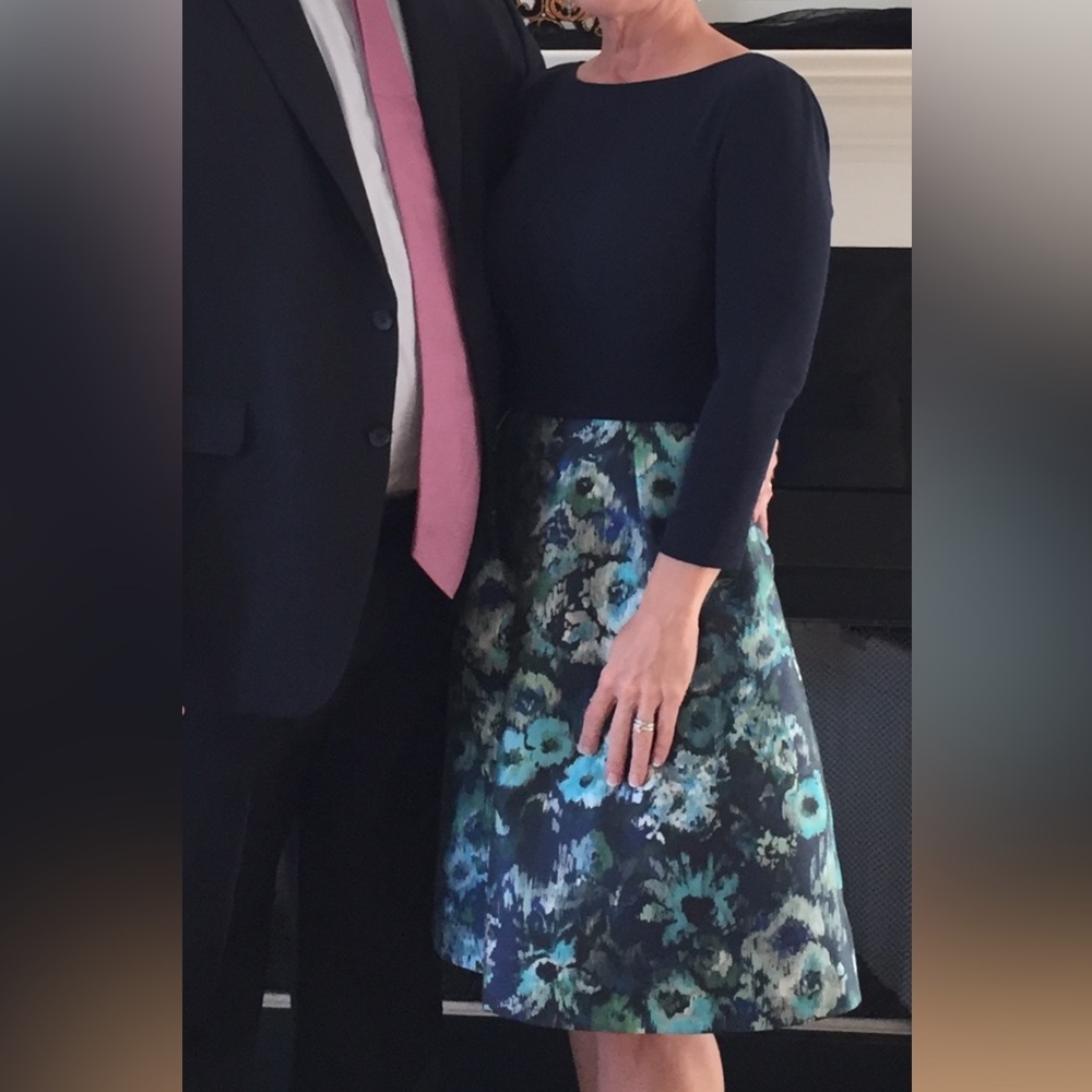 Theia Navy and Floral Midi cocktail Dress